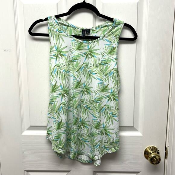 Cynthia Rowley Stretch Cotton Tank, White Green Blue Palm Leaves, Women's Size M - Picture 1 of 5